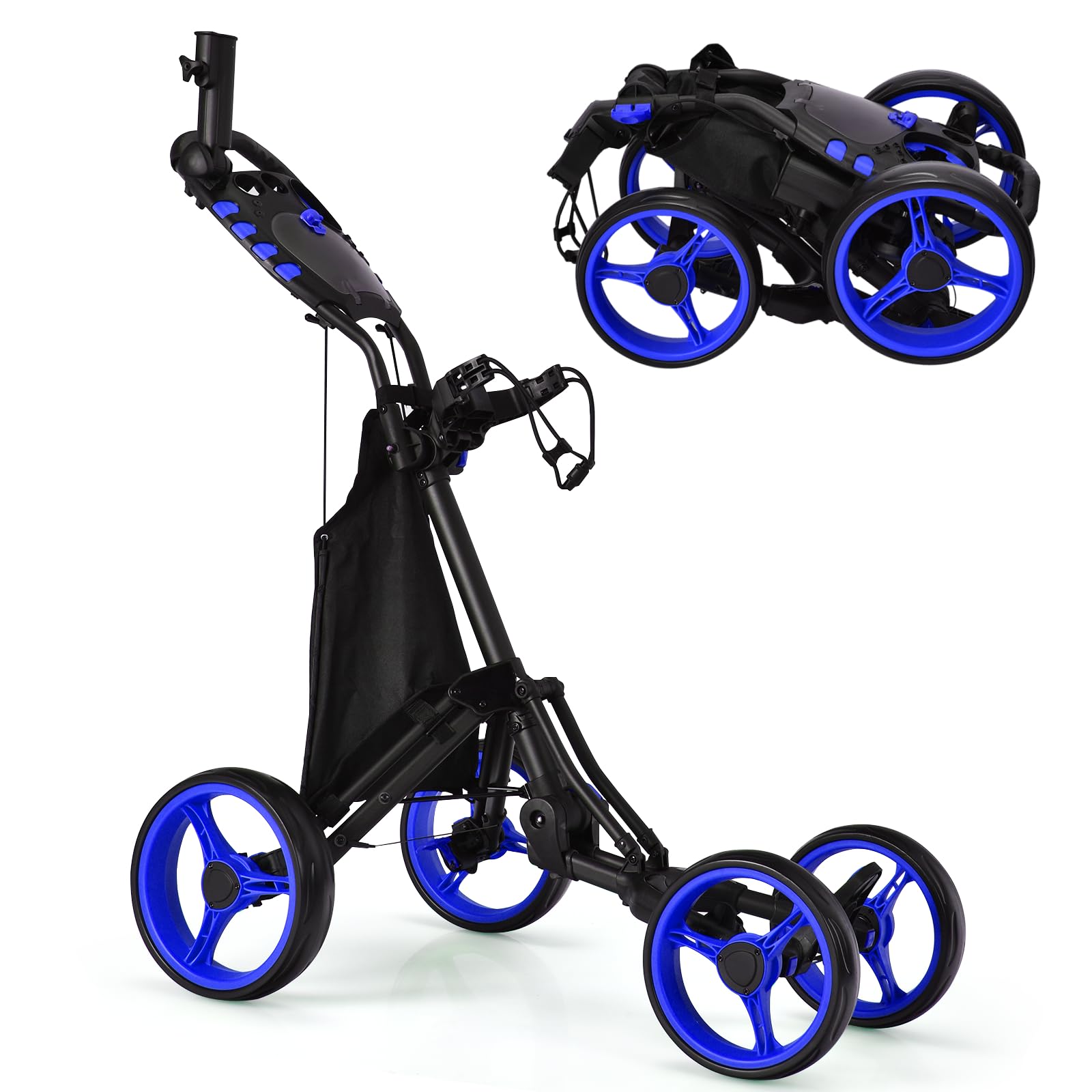 SPOTRAVEL 4 Wheels Golf Push Cart, Foldable Golf Trolley with Storage Bag, Height-Adjustable Handle, Foot Brake, Umbrella & Cup Holder, Portable Golf Bag Holders for Golf Clubs (Blue)