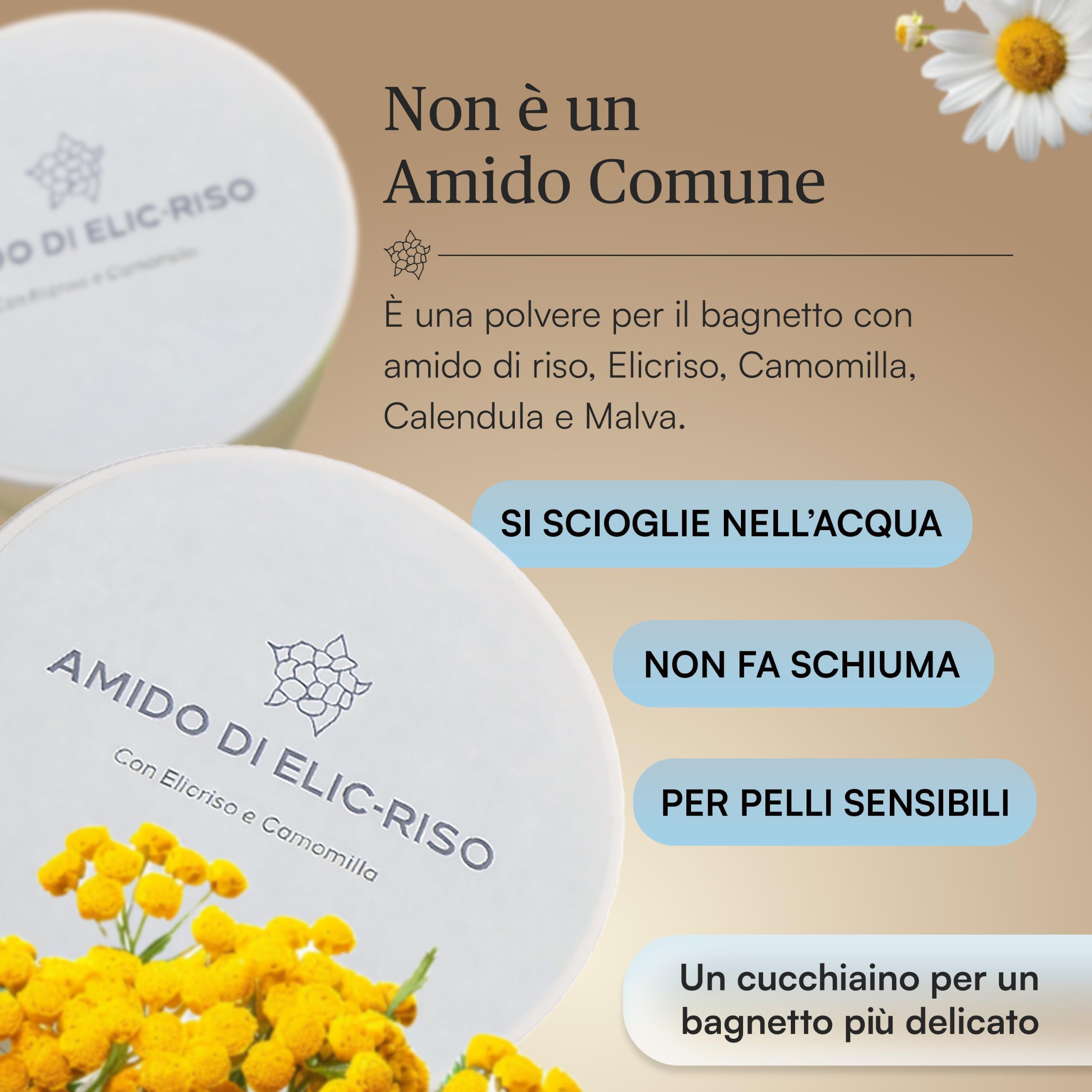 Metodo Pelle Sana Amido di Riso Bagnetto Neonato Bambino Adulto, Pelle Sensibile Secca Reattiva, Polvere Bagno Lenitivo per Rossori Sudamina, Camomilla Calendula Elicriso Malva, 125 g