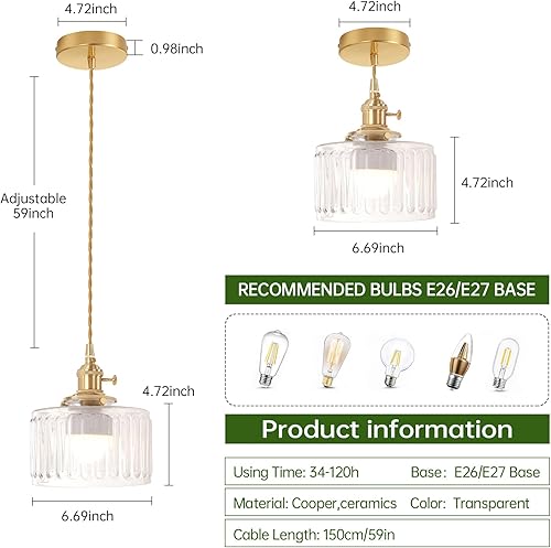 Miniatura 220 de Lámpara colgante con pantalla de cristal ámbar Scindapsus de cristal, lámpara colgante vintage de latón, luz colgante ajustable para cocina, isla