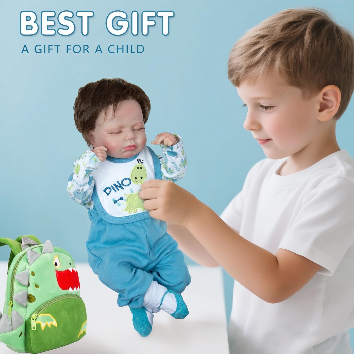12 Pcs Reborn Baby Doll Clothes Boy Blue Dinosaur Outfit Accessories for 17-22 Inch Reborn Dolls Newborn Baby Boy Clothes Set with Backpack Diaper