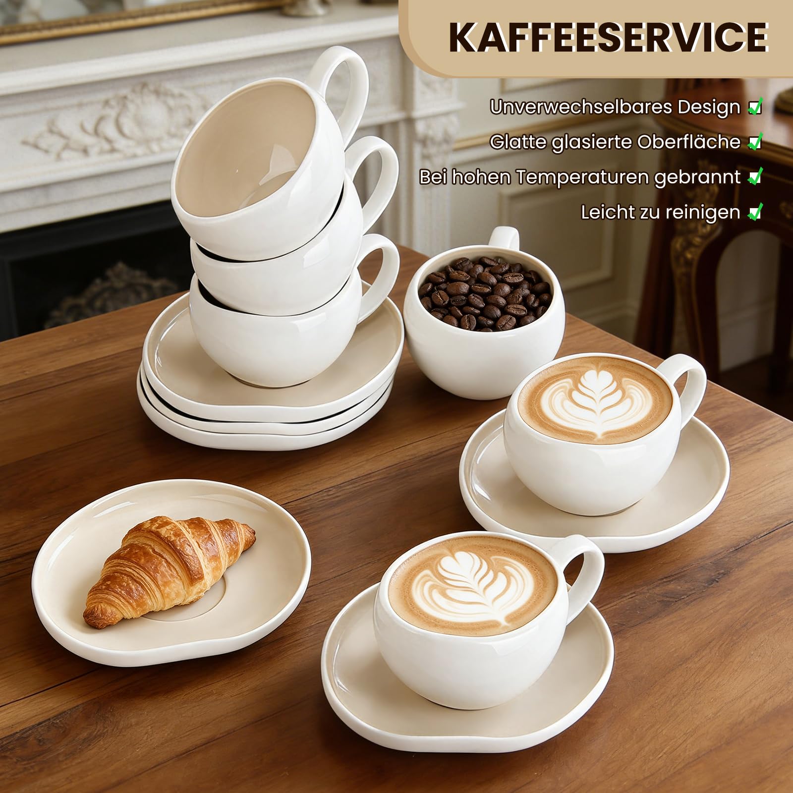 Filiżanki do cappuccino, filiżanki do kawy 200 ml, ze spodkami, serwis do kawy 6 osób, zestaw filiżanek do cappuccino, ceramiczne kubki do kawy, cappuccino, latte, americano i herbaty, jasnobeżowy