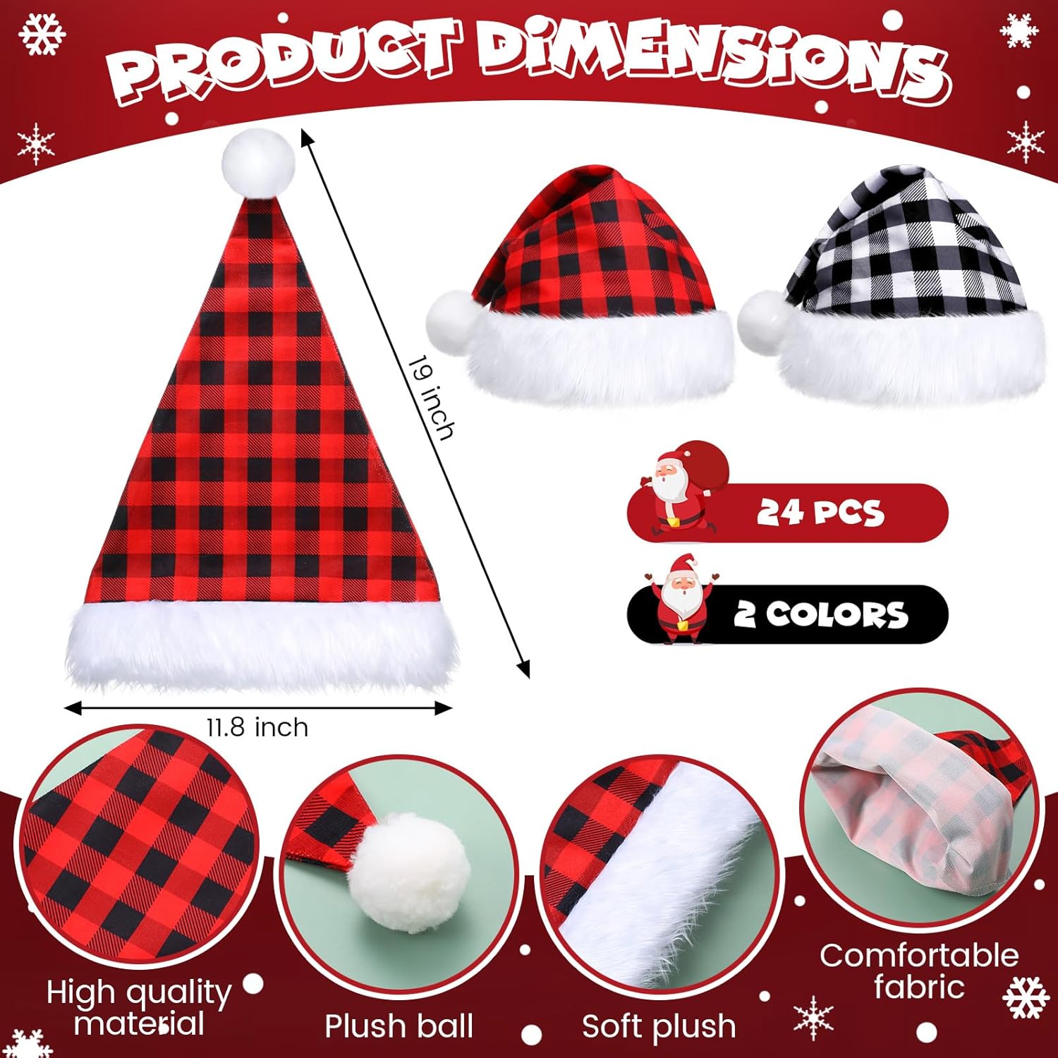 Handepo 24 Pieces Santa Hat Christmas Santa Hat Plaid Christmas headdress Plush cap for Adults Xmas Costume Party and Holiday Event(Red with Black and Black with White)