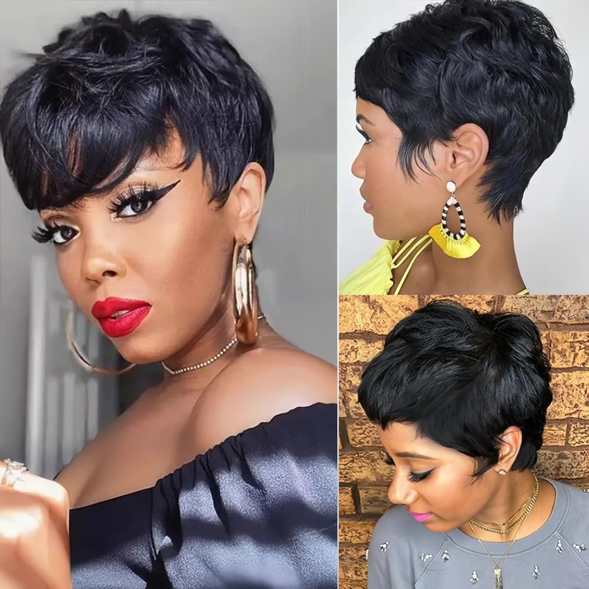 Ali Grace Pixie Cut Wig Human Hair for Black Women Short Bob Wigs Glueless No Lace Front Wig with Bangs 100% Human Hair Natural Layered 4 Inch