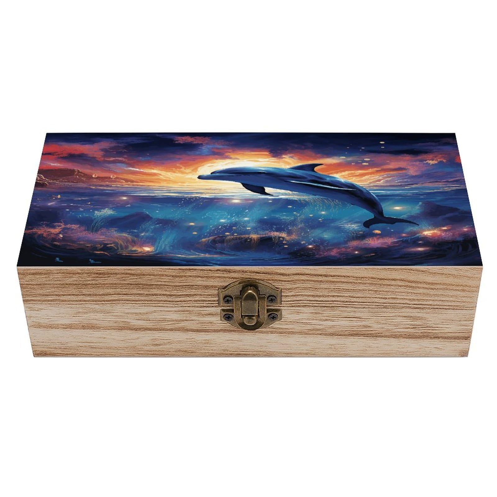 VstaDank Colorful Starry Sky Ocean Dolphin Wooden Storage Box Wooden Keepsake Box with Hinged Lid Exquisite Solid Wood Decorative Jewelry Case Memory Box for Jewelry Photos Letters Crafts Trinkets