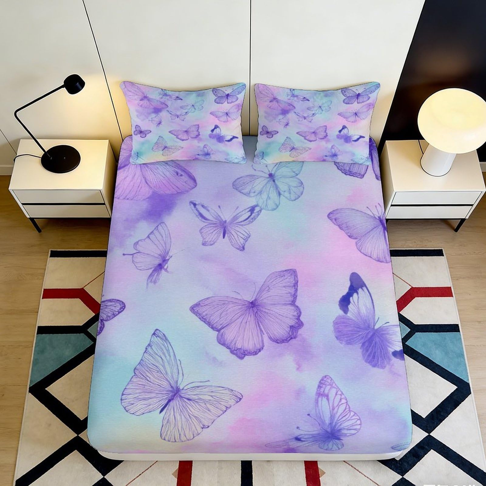 3D Printed Purple Butterfly Fitted Sheet Microfiber Soft Breathable Pastel Bed Cover for Bedroom Dormitory Guest Room Mattress Protection Decor 200x200x25cm