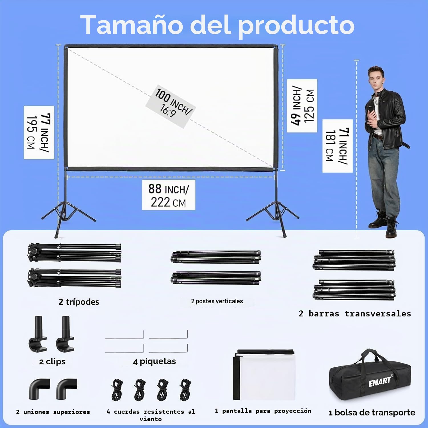 EMART Pantalla de Proyección con Soporte 100 Pulgadas, 16:9 4K HD Tela para Proyector de Doble Cara Adecuada para Ver Películas En Interiores, Reuniones y Eventos al Aire Libre
