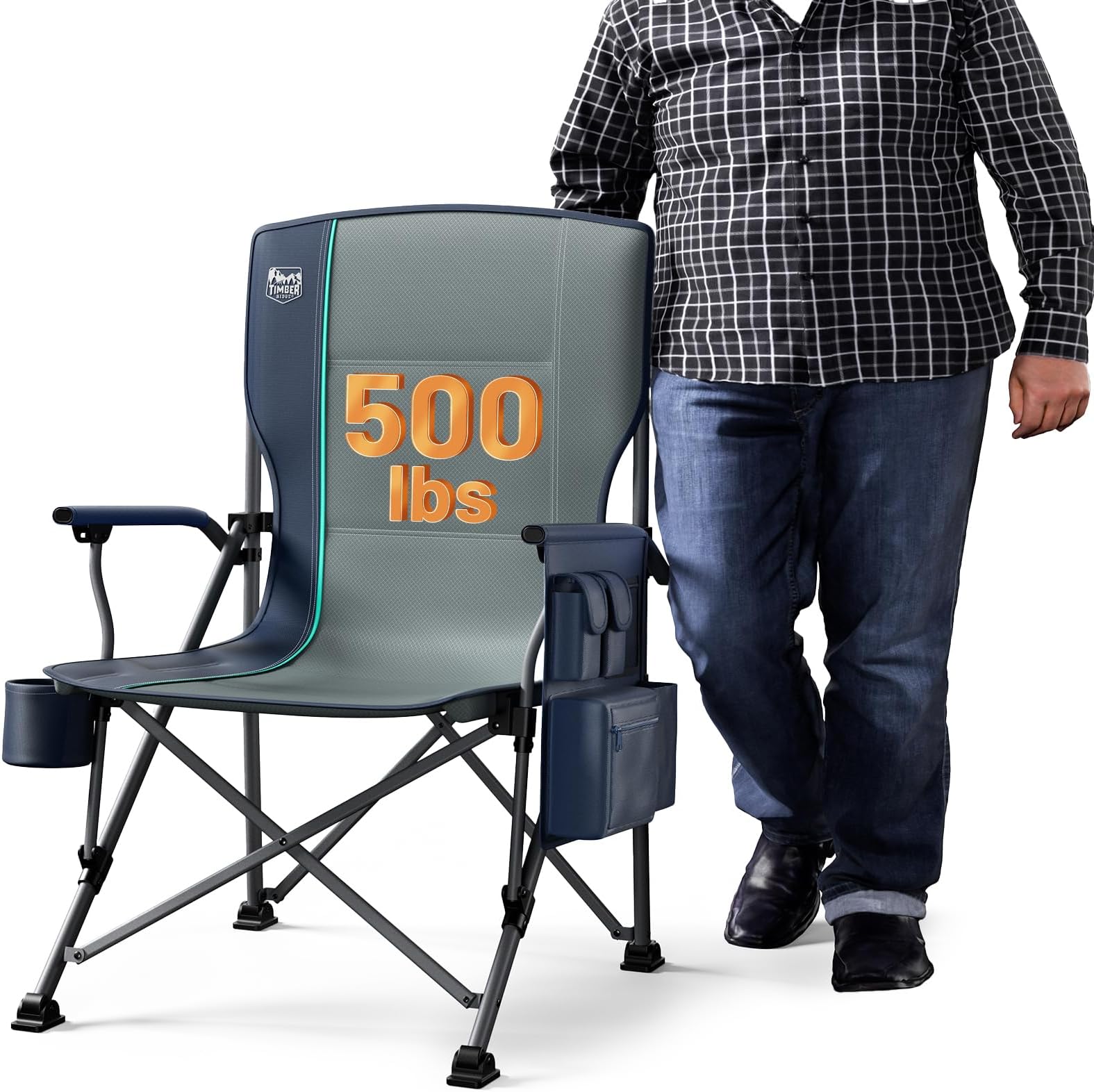 TIMBER RIDGE Oversized Folding Camping Chair High Back Heavy Duty for Adults Support up to 500lbs with Cup Holder, Side Pocket Cooler Bag