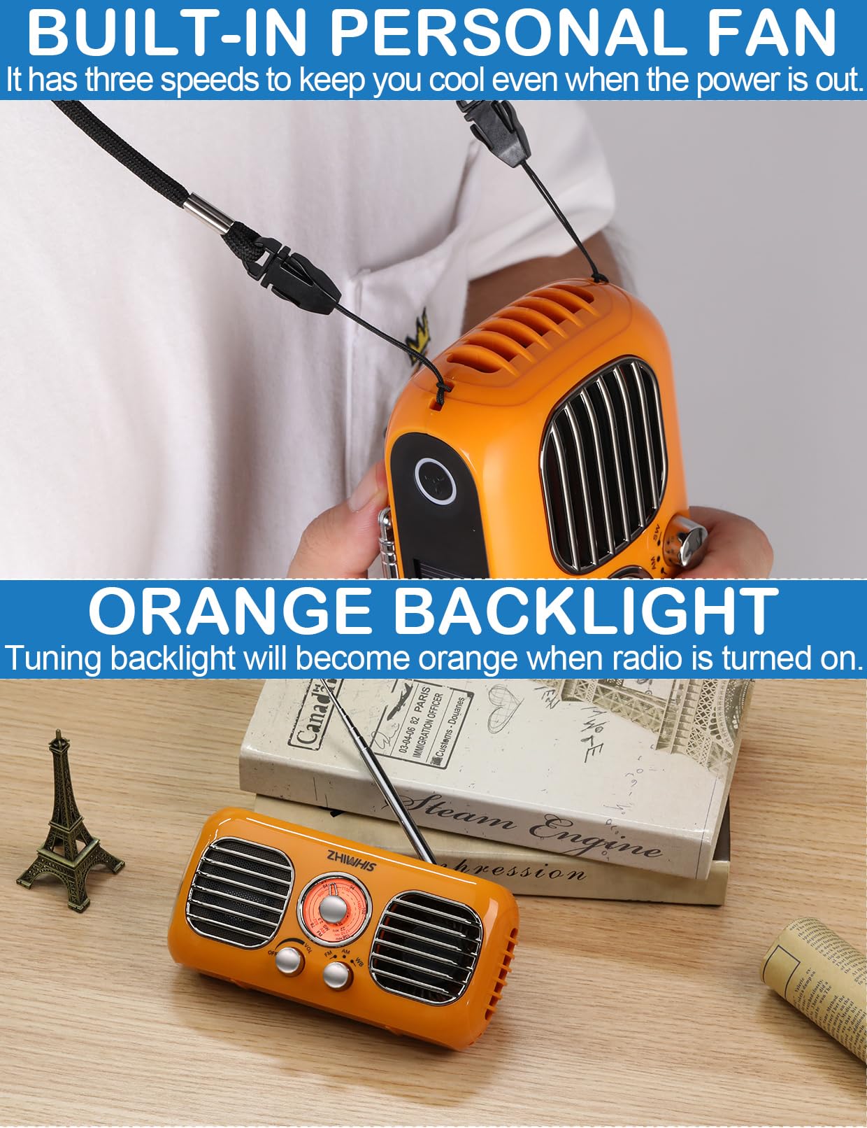 ZHIWHIS ZWS-380 - Radio di emergenza con ventilatore portatile, radio meteorologiche AM/FM/WB con sirena SOS, manovella, pannello solare, 4000 mAh, power bank, manopola rotante, ricevitore retrò