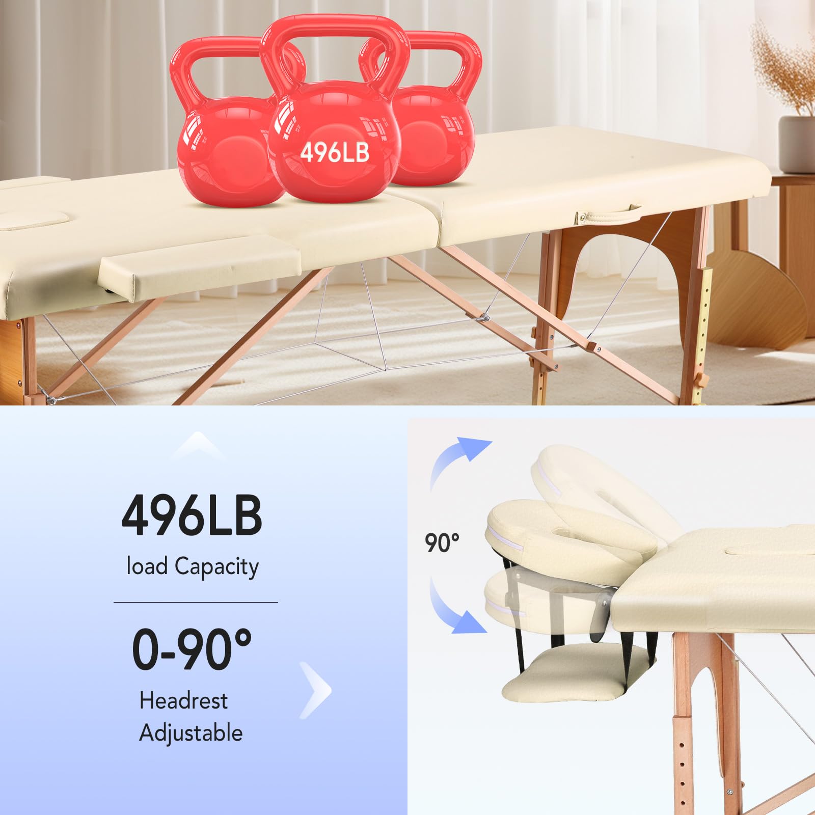 BODIOO Camilla de masaje móvil con patas de madera, cama de masaje portátil, incluye reposacabezas y reposabrazos, altura regulable de 60 cm de ancho hasta 250 kg