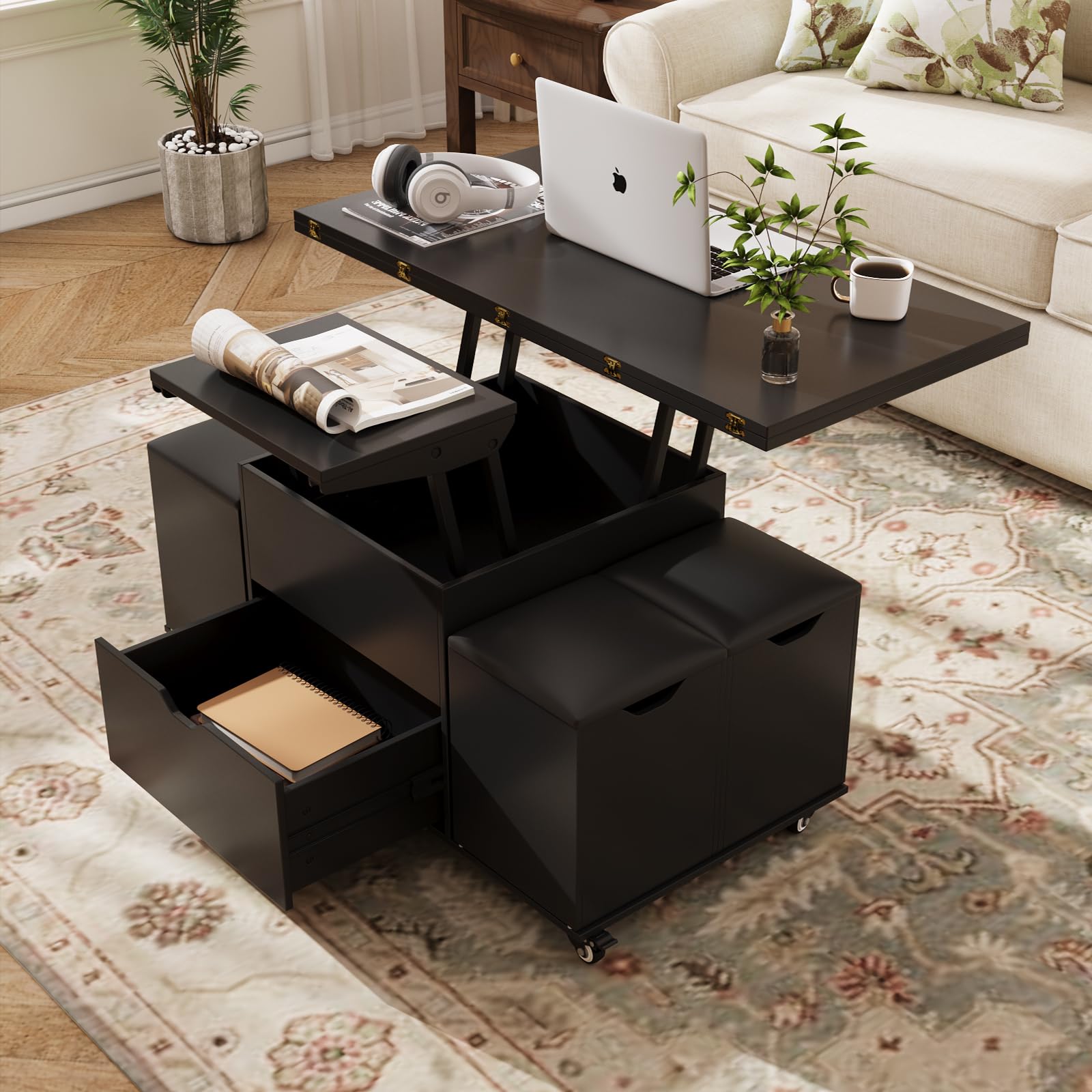VOWNER Table Basse Relevable Transformable Table à Manger, Noir | Meuble 3 en 1 multifonctionnel pour salon avec tiroir et 4 tabourets inclus