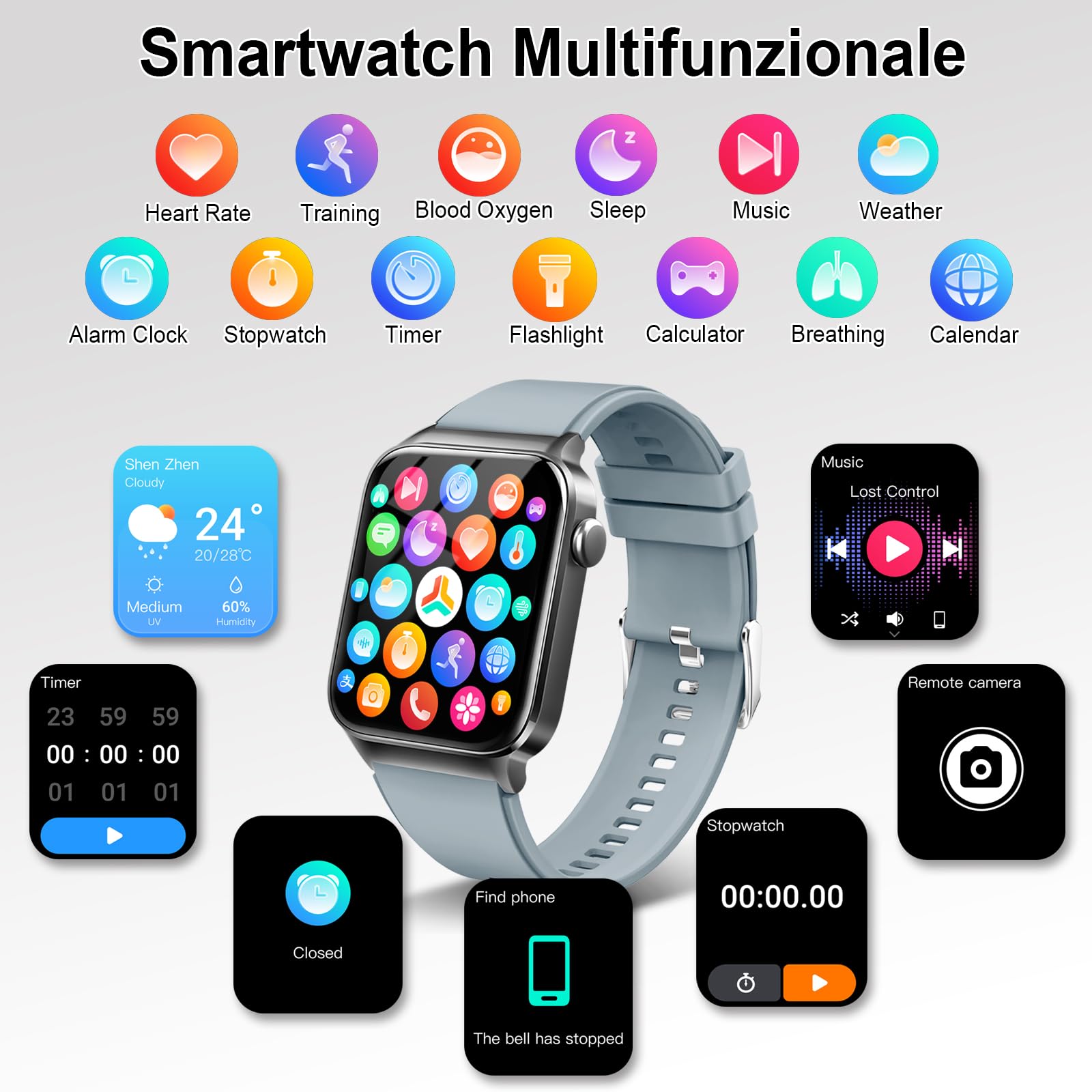 Smartwatch Uomo Donna, 1.85" HD Orologio Bluetooth Effettua/Risposta Chiamate, 110+ Sportive Smart Watch Cardiofrequenzimetro/Contapassi/SpO2/Sonno, Impermeabile IP68 Fitness Tracker per Android iOS