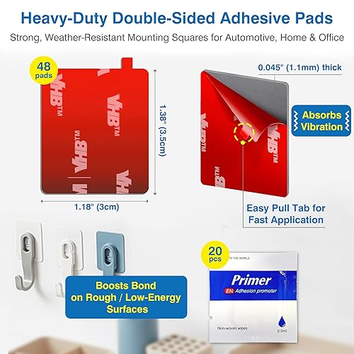 Miniatura 2 de Heavy Duty Double-Sided Adhesive Pads – 48 Pre-Cut Foam Mounting Squares with Adhesion Promoter, Heat & Weather-Resistant Tape for Outdoor Lights,