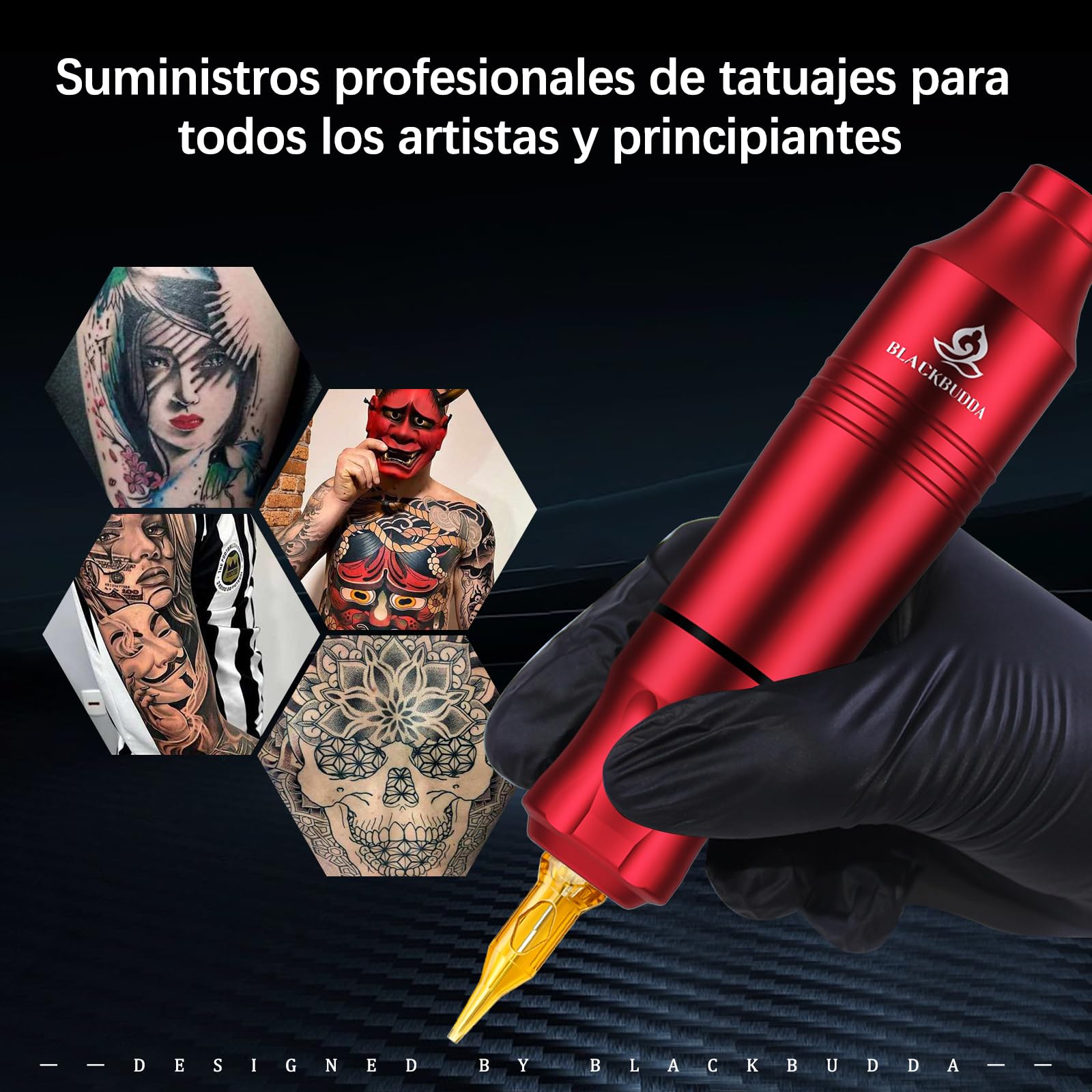 Blackbudda Maquina de Tatuar, Kit de máquina de tatuaje rotativa estilo pluma con suministro de energía, pedal y pigmento, 20pcs agujas de cartucho Kit de práctica de maquillaje (rojo)