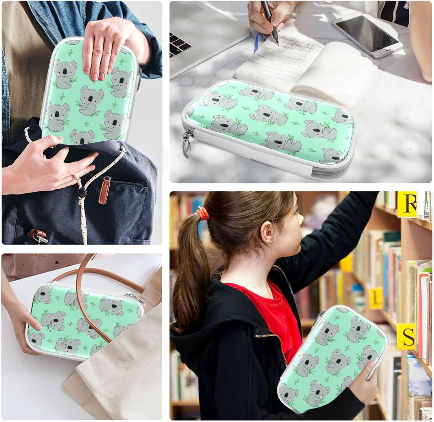 ZZKKO Cute Koala Green Leaves Pencil Bag Case Zipper Pencil Holder Organizer Stationary Pen Bag Cosmetic Makeup Bag Pouch Purse for School Office Supplies - Image 4