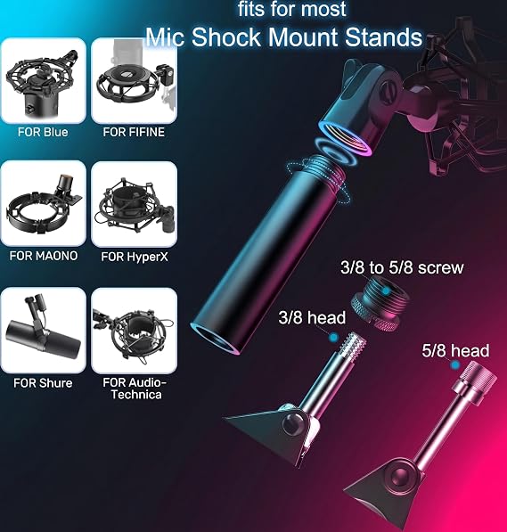 13 PCS Microphone Mount Mic Stand Adapter Parts Set - 3 Extension Tube, Aluminum Alloy 3/8 to 5/8, 1/4 to 5/8 Threaded Screw for Tripod Adapter, Shock Mount, Boom Arm, Projector, Black Anodized