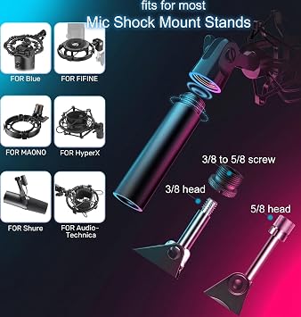 13 PCS Microphone Mount Mic Stand Adapter Parts Set - 3 Extension Tube, Aluminum Alloy 3/8 to 5/8, 1/4 to 5/8 Threaded Screw for Tripod Adapter, Shock Mount, Boom Arm, Projector, Black Anodized