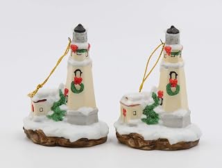 Cosmos Gifts Fine Porcelain Christmas Holidays Hand Painted Split Rock Lighthouse Figurine Ornament Set of 2 (2 pcs Set), 3"
