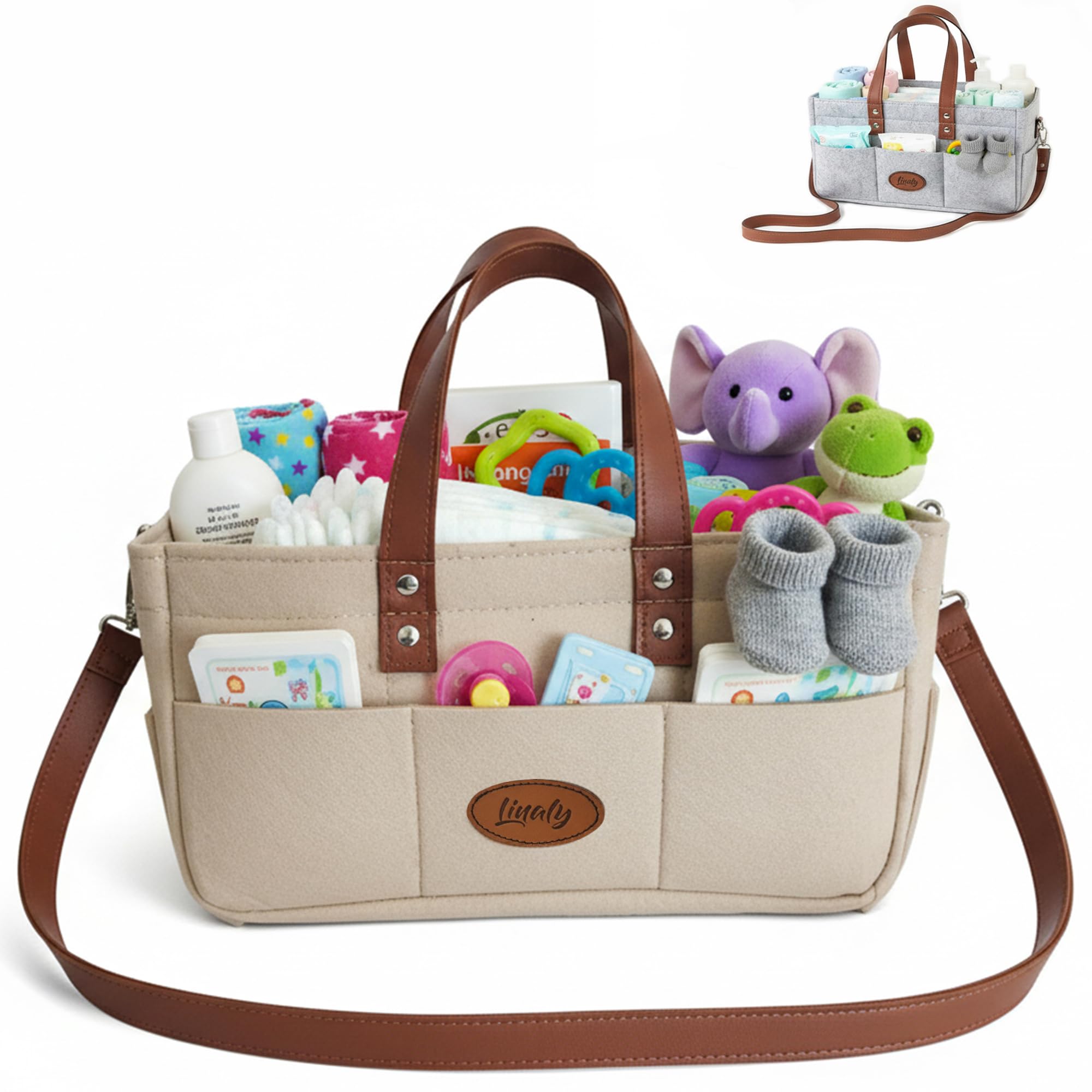 Linaly Felt Diaper Caddy Organizer Portable Nursery Basket for Diapers Caddy for Baby Stuff Storage Baby Shower Must