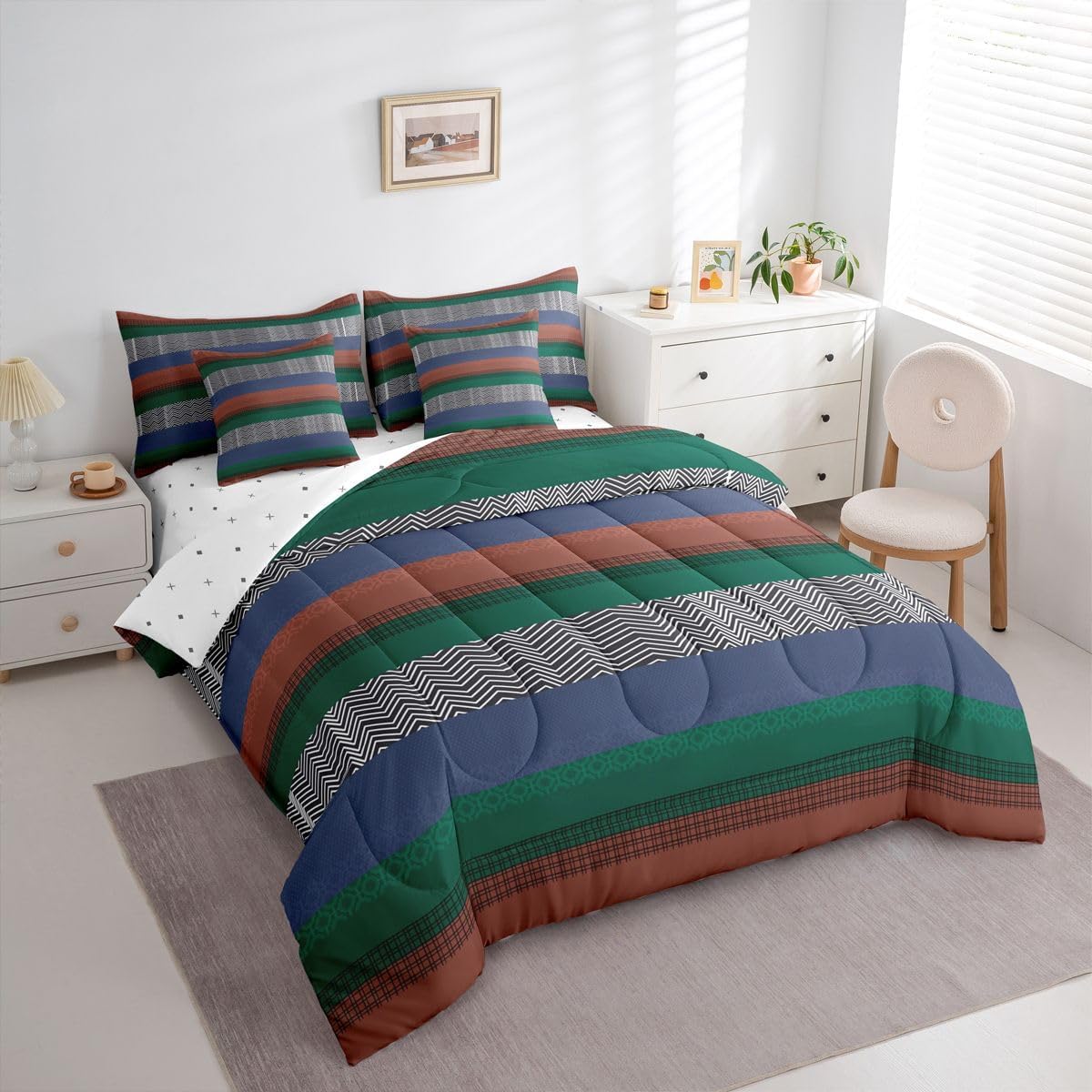 Feelyou Queen Red Green Blue Striped Bed in Bag Colorblock Patchwork Striped Pieces Bedding Set Geometric Comforter Set Modern Comforter Sheets Pillowcases Cushion Covers