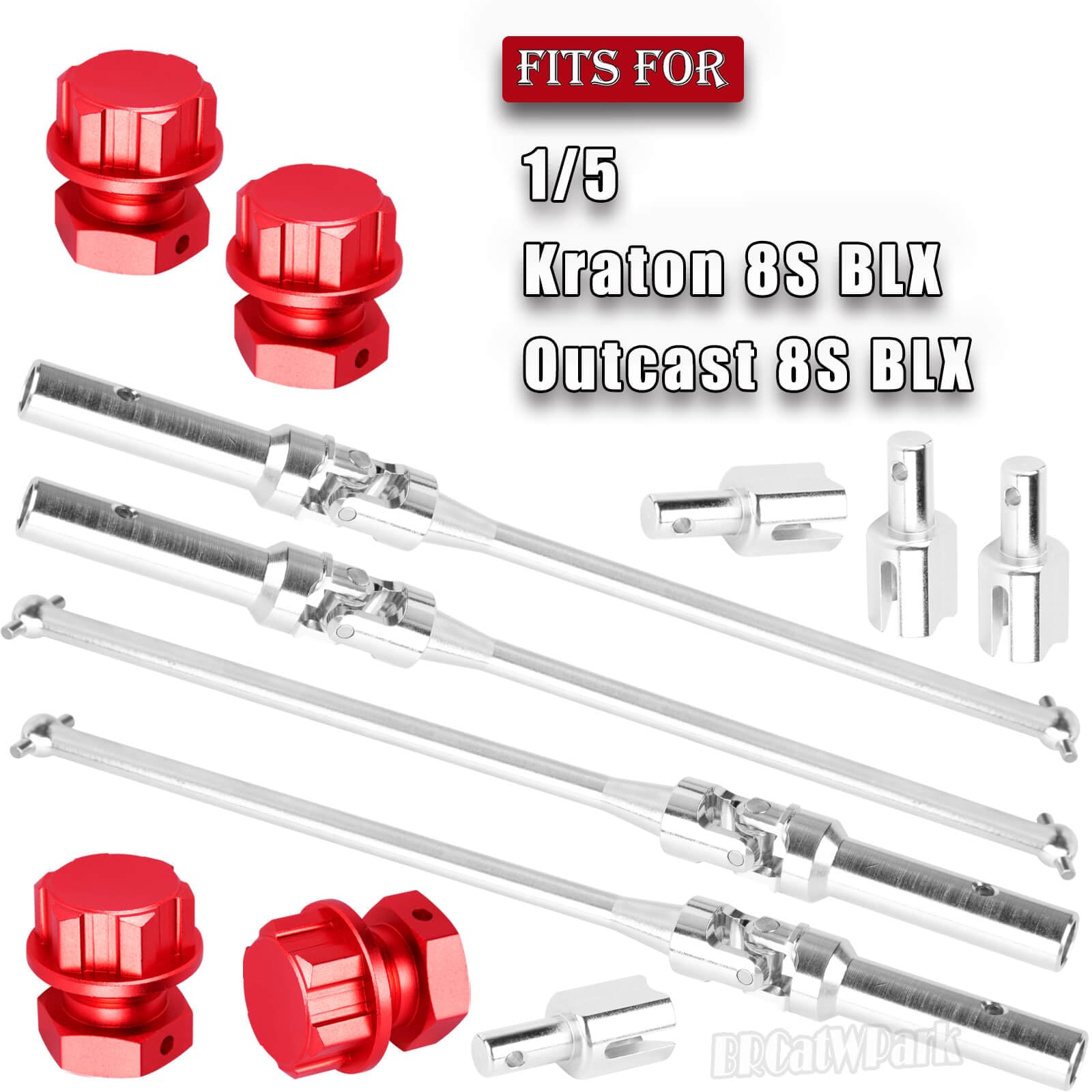 BRCatWPark RC Drive Shaft Axles & Diff Outdrive w/Wheel Hex Nuts Upgrades Part for 1/5 KRATON 8S BLX/Outcast 8S BLX,4PCS Front Rear CVD Driveshaft Hop Ups,Silver & Red