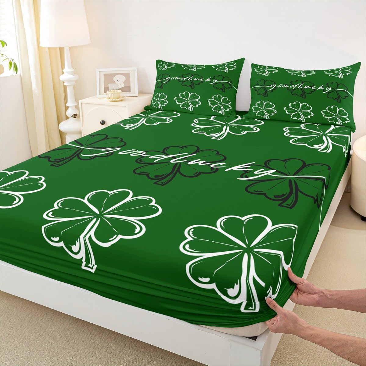 Clover Leaves Fitted Sheet Twin Size St. Patrick's Day Gifts Bedding Set 2pcs for Teens Kids Girls Boys Room Decor Spring Garden Plants Deep Pocket Sheet Green Microfiber Bed Sheet,1 Pillowcase