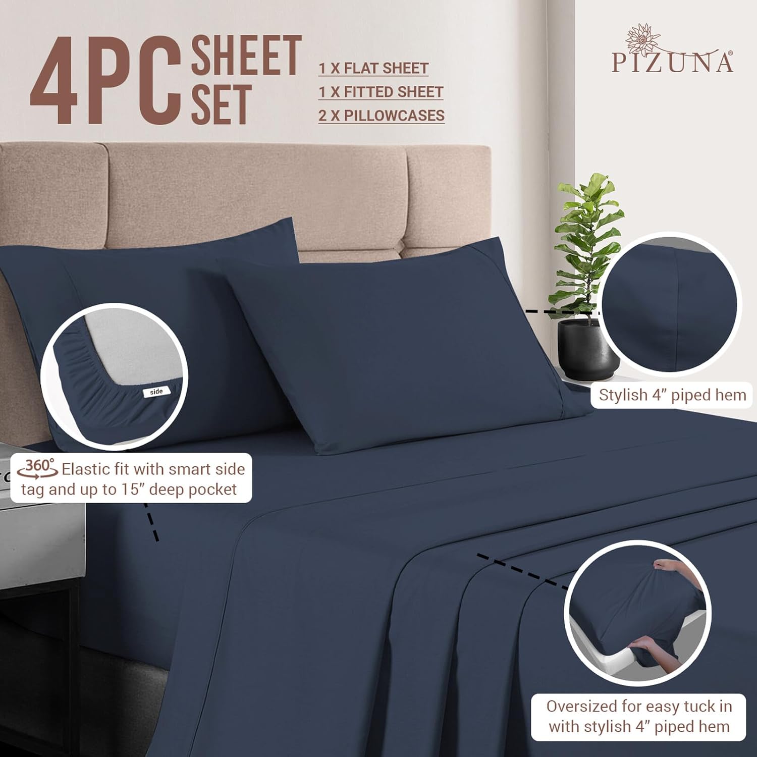 Pizuna Pure 100% Cotton Sheets King Size, Luxurious 400 Thread Count Long Staple Cotton Sateen Sheets with 15inch Deep Pocket (Combed Dark Blue Sheet King)
