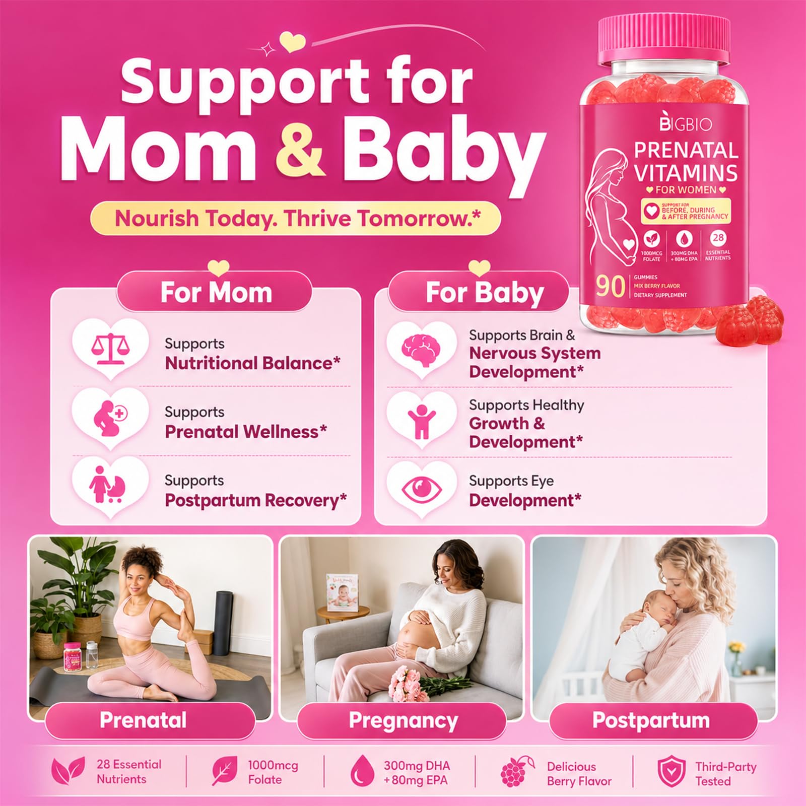 Prenatal Vitamins for Women Gummies, Methylfolate 1mg, Choline, Omega 3 DHA EPA, Iron, Probiotics & B Complex, Postnatal Vitamins for Breastfeeding, Sugar Free Vegan, Mixed Berry, 90 Count — Amazon image 5
