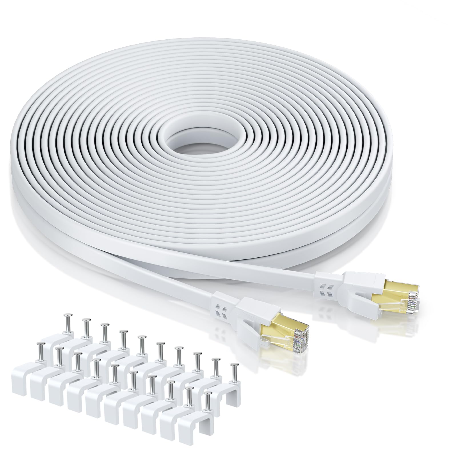Câble réseau LAN Cat8 50 m, 40 Gbit/s, 2000 MHz, câble réseau Ethernet Gigabit RJ45, câble patch plat, compatible avec routeur, modem, PC, ordinateur portable, blanc