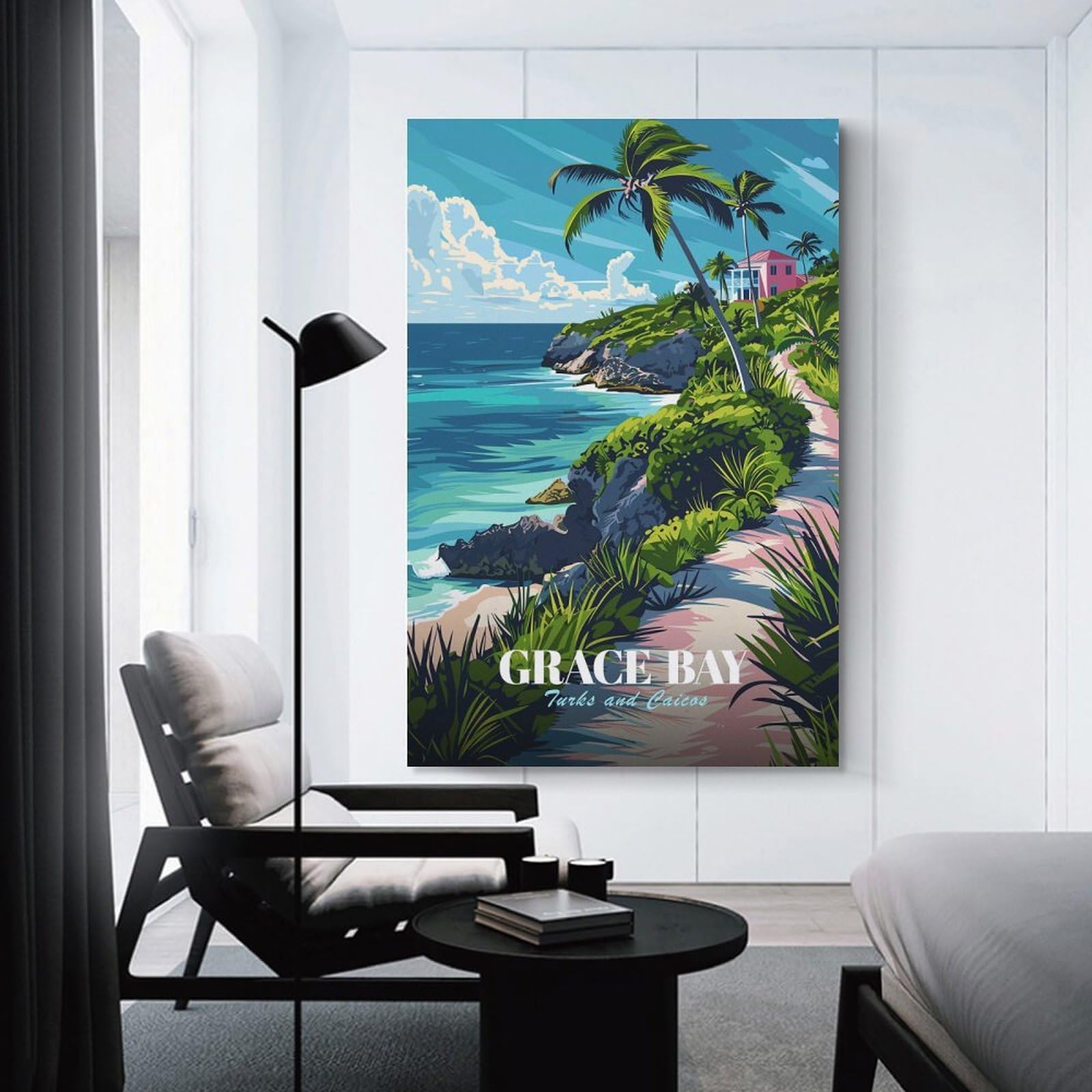 Junmoney Unframe-Style-2 Decorative Wall Artwork Grace Bay, Turks And Caicos Illustration, 20X30inch(50X75cm), For New Homes, Bedrooms Or Workspaces, Canvas Artwork With Gifting Potential