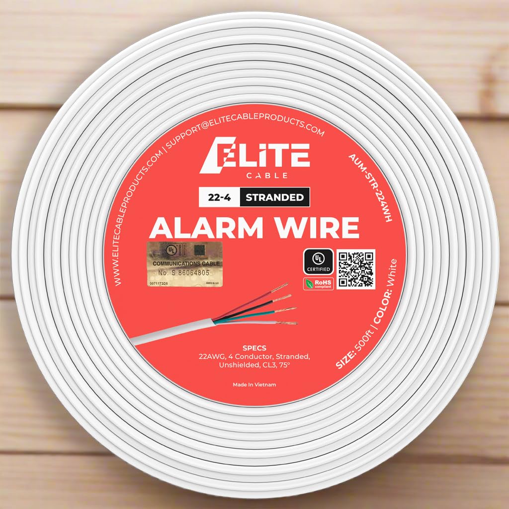 Elite 22-4 Stranded Alarm Wire - 500ft, CL3, in Wall, OFC Oxygen Free Copper, UL Listed, Premium 22/4 Alarm Cable, Low Voltage (White)