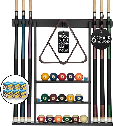 Pool Cue Rack - Pool Stick Holder Wall Mount With 16 Ball Holders & 6 Pack Of Chalk - Rubber Circle Pads & Large Clips Prevent Damage - Billiard