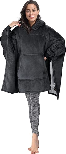 Tirrinia Oversized Hoodie Blanket Batwing Sleeve Sweatshirt Cozy Sherpa Huge Wearable Blankets Gift for Adults Women