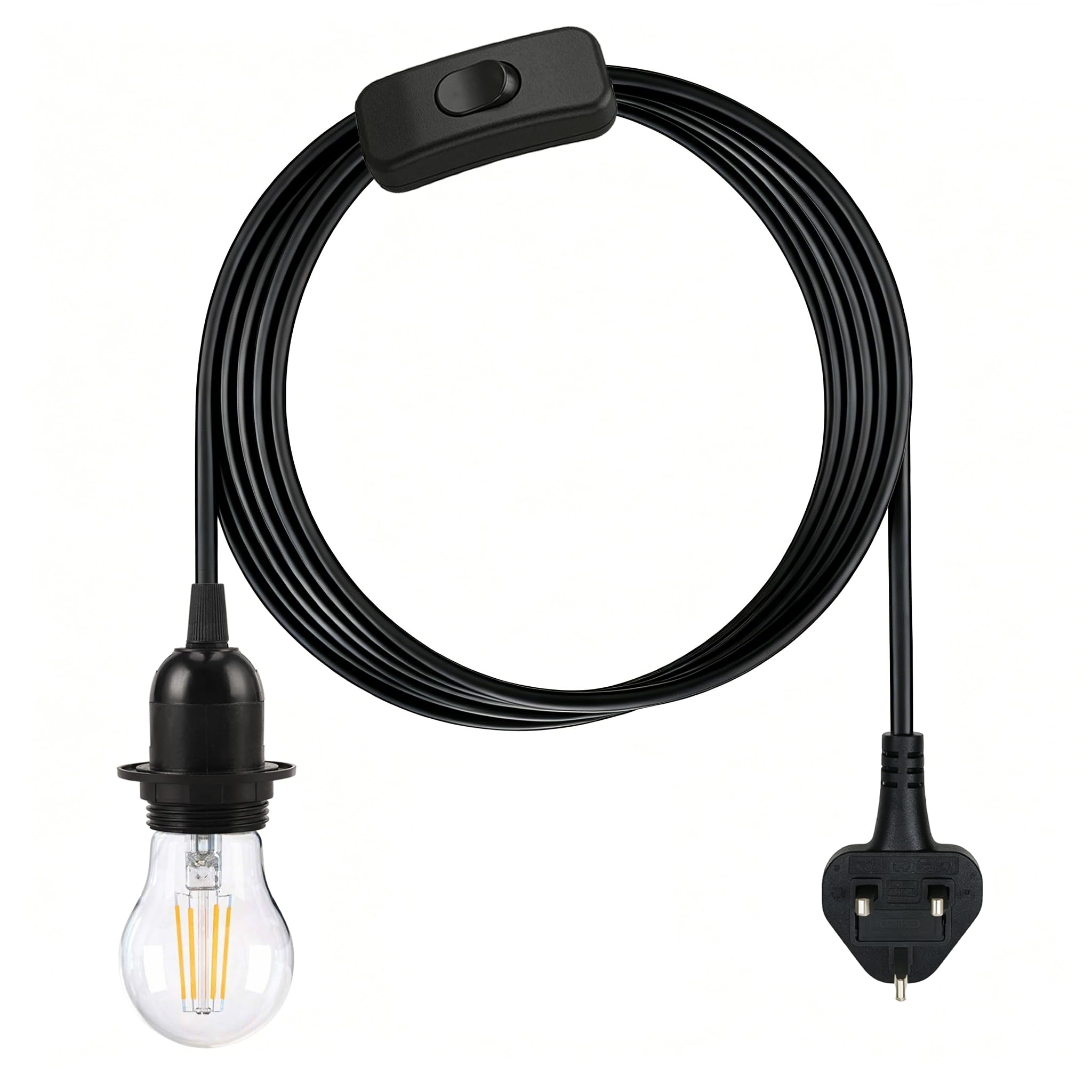 E27 Pendant Light Fitting Kit with Switch, 4M Plug-in Hanging Cord Set, DIY Edison Bulb Socket for Home Decor, Bulb Included, Black