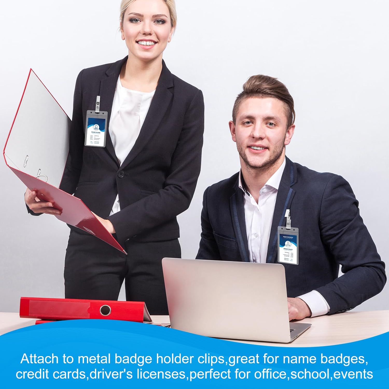 Marspark 200 Sets ID Badge Holder with Metal Badge Clips and PVC Straps Waterproof Sealed Clear Plastic Vertical Name Tag Holder for Name Tag Work Card Drive License Clips Office Car