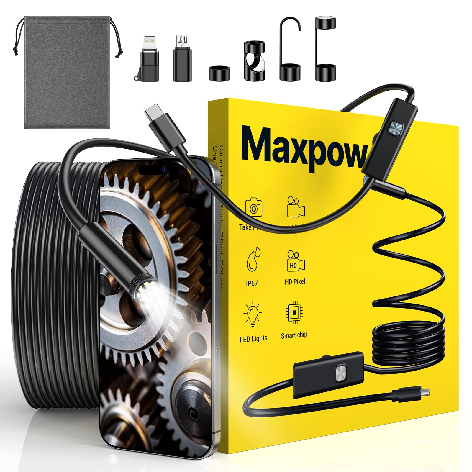 Maxpow Endoscopio Per Smartphone - Telecamera Endoscopica 1920HD IP67, Sonda con 8 LED per Ispezione Tubi, Cámara de Inspección Compatible with Android e iOS Per Tubi Macchine Fognature 5m