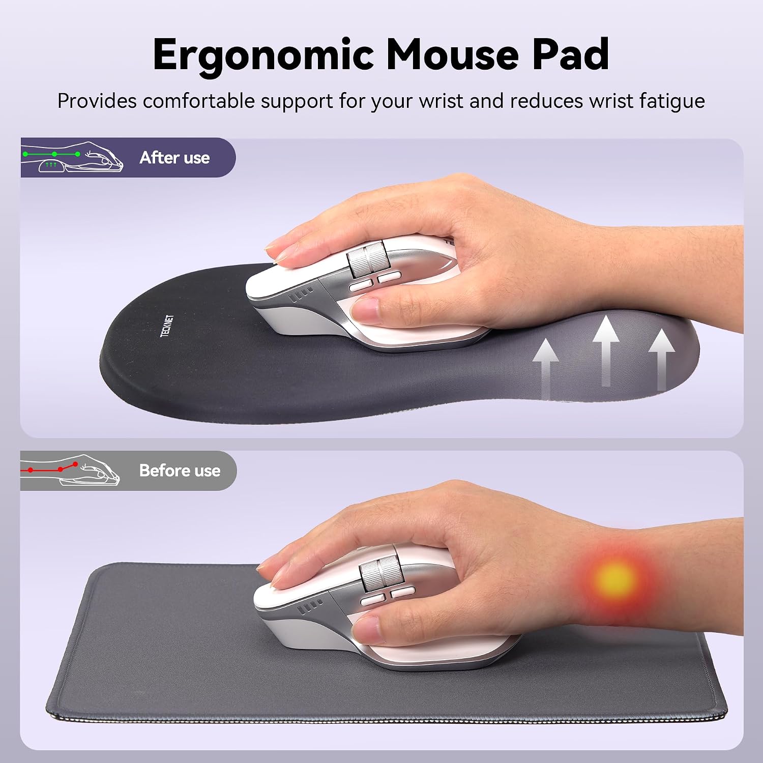 TECKNET Ergonomic Mouse Pad with Wrist Rest, Memory Foam Mousepad with Wrist Support, Smooth Surface, Middle Concave & Non-Slip Base for Laptop/PC, Pain Relief for Home Office Gaming, Gray - 3