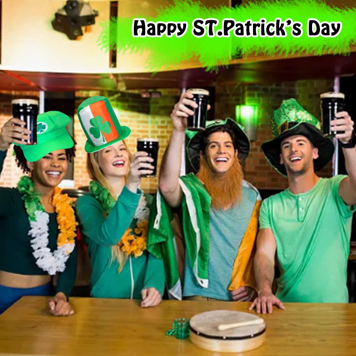 12pcs Bulk St. Patrick's Day Party Hats Funny Shamrock Hat St Patricks Day Accessories Funny Green Lucky Irish Topper Hat with Funny St. Paddy's Day Designs for Adults Teens, Fits Most Head Sizes