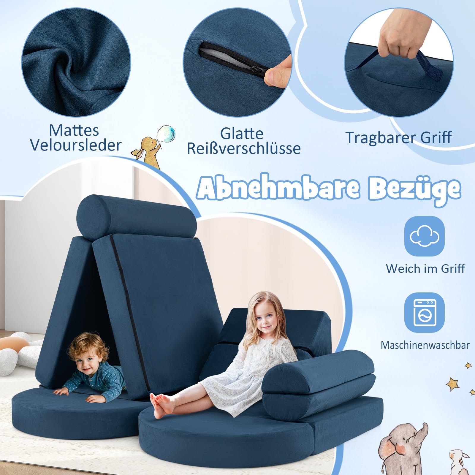COSTWAY 14-częściowa modułowa sofa dziecięca, do zabawy z pianki, klocków, wspinaczki i raczkowania, rozkładana, do pokoju dziecięcego, pokoju zabaw (granatowa)