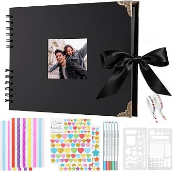 Newthinking Scrapbook with 80 Black Pages, 11.5x8.5Inches Couples Scrapbook | Black Cover with Photo Window, 80 Black Pages, Metal Corner, Anniversary, Wedding, Birthday, Including Stickers, Pen