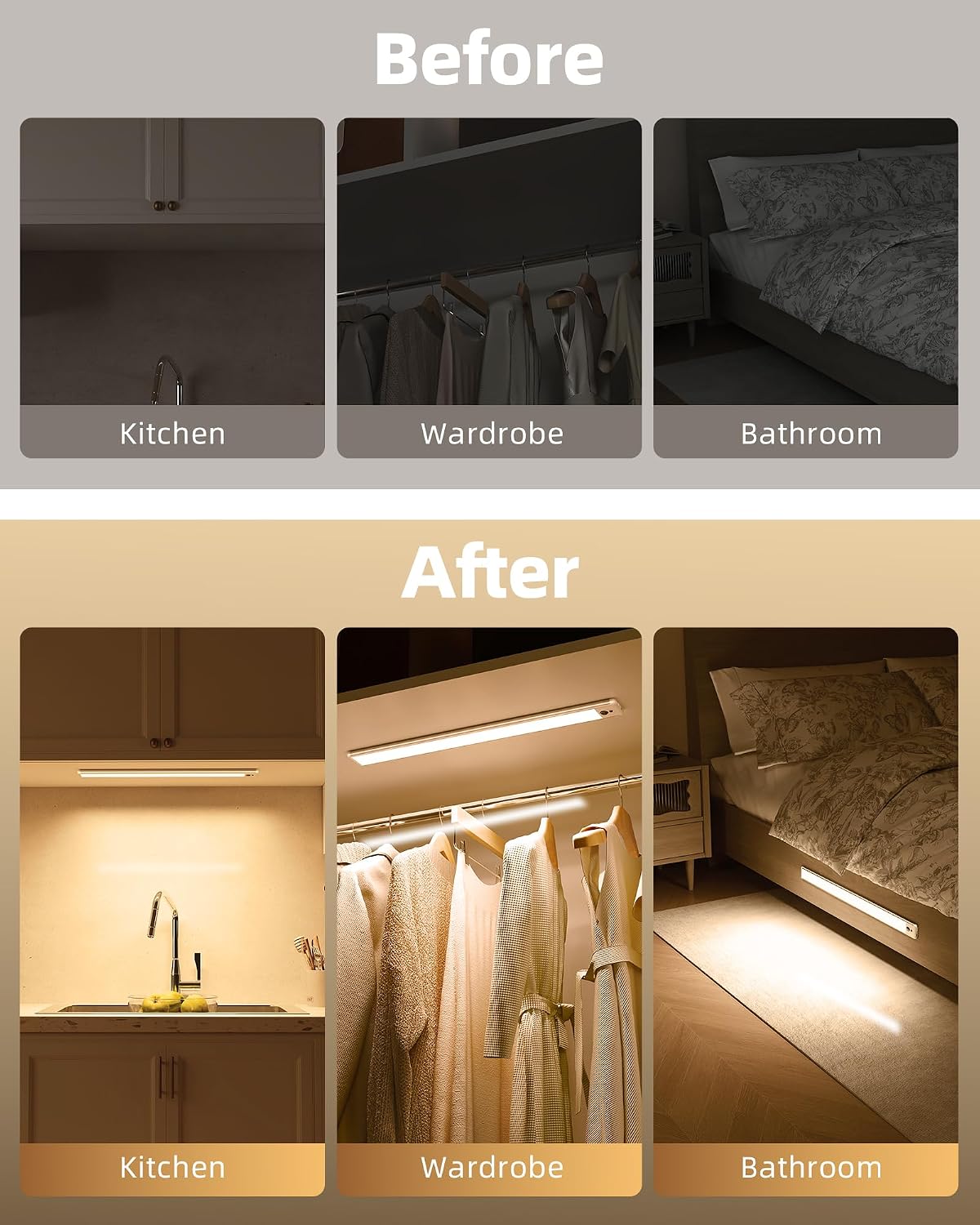 Before and After installation of EZVALO Under Cabinet Lights in kitchen, wardrobe, and bedroom.