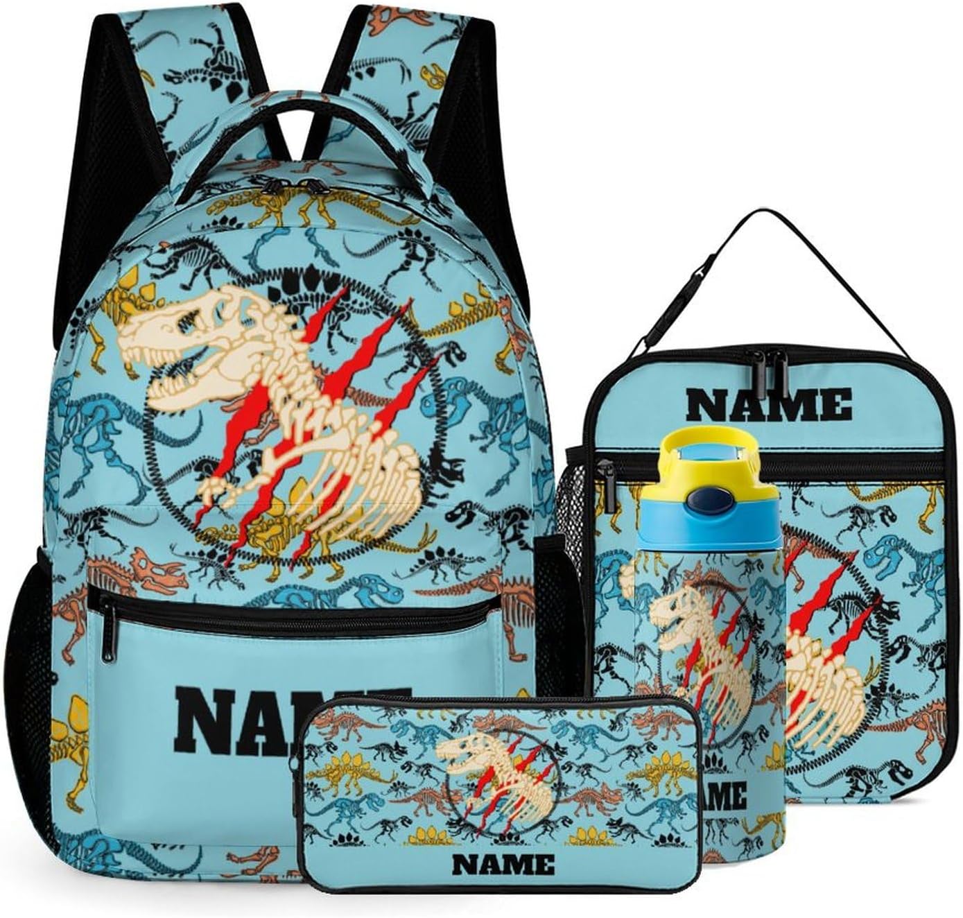 Custom Camouflage Dinosaur Skeleton Claw 4Pcs Backpack Set with Lunch Bag Pencil Case Water Bottle Personalized Name Text School Book Bags Customized Backpack Set for Girls Boys Kids