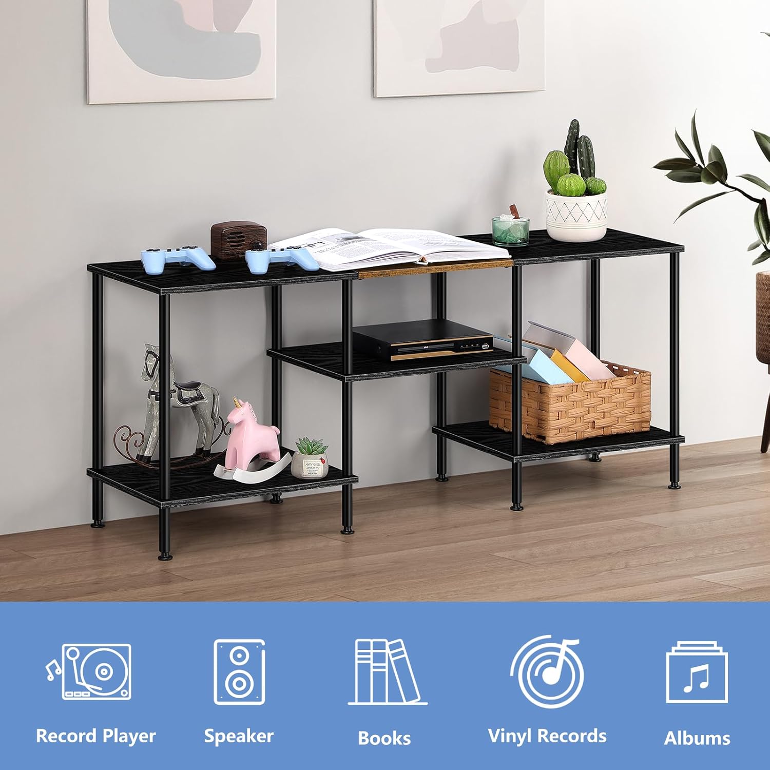 OYEAL 50 Inch TV Stands for Living Room Small Entertainment Center with Open Storage Shelves, Black TV Stands TV Media Console Table for 50 40 32 Inch TV