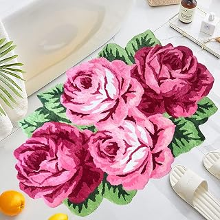 UKELER Floral Rose Bathroom Rugs Shaggy Pink Flower Area Rugs for Girls Bedroom Non Slip Absorbent Toilet Rug Bath Mat for Bathroom 43.3''x27.5''
