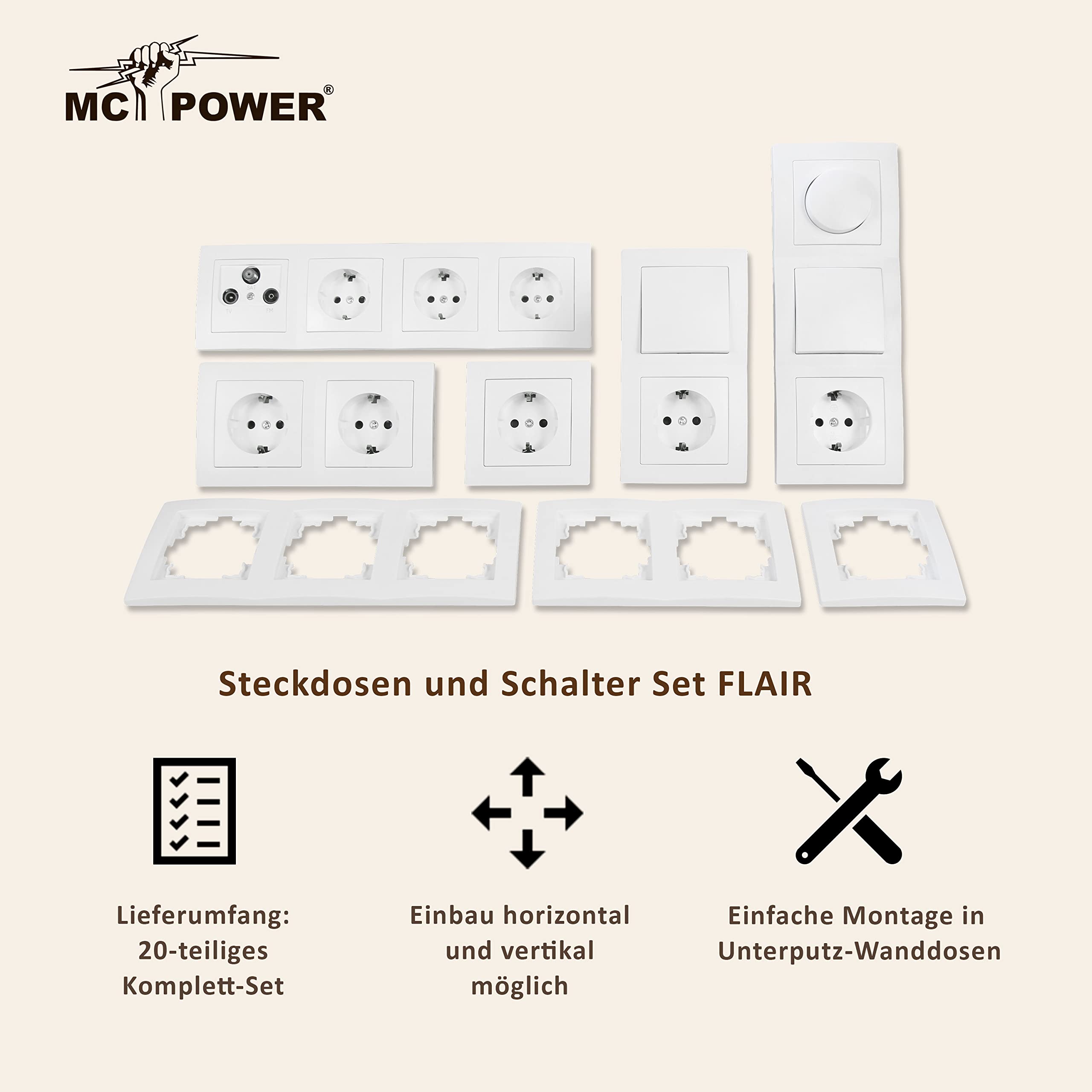MC POWER - FLAIR - Wand Steckdosen und Schalter Set | Wohnlandschaft Dimmer | 20-teilig | Lichtschalter, Licht-Dimmer, Unterputz-Steckdosen, Antennendose weiß-matt