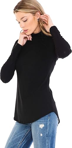 Miniatura 3 de SSOULM Camiseta básica elástica básica de manga larga para mujer, cuello alto, dobladillo curvado, cuello alto, S