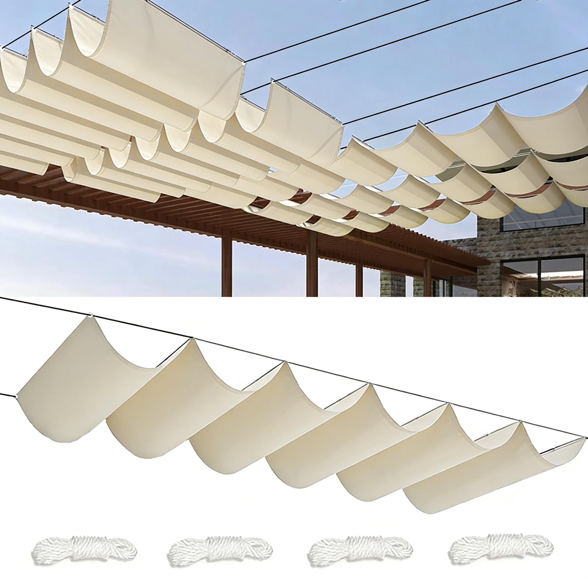 Sun Shade Sail Retractable Wave 5x4M Waterproof Rectangle Shade Cloth Waterproof Outdoor Garden Patio Sunscreen Awning Canopy 95% UV Block with Rope for Outdoors Garden Patio Cream