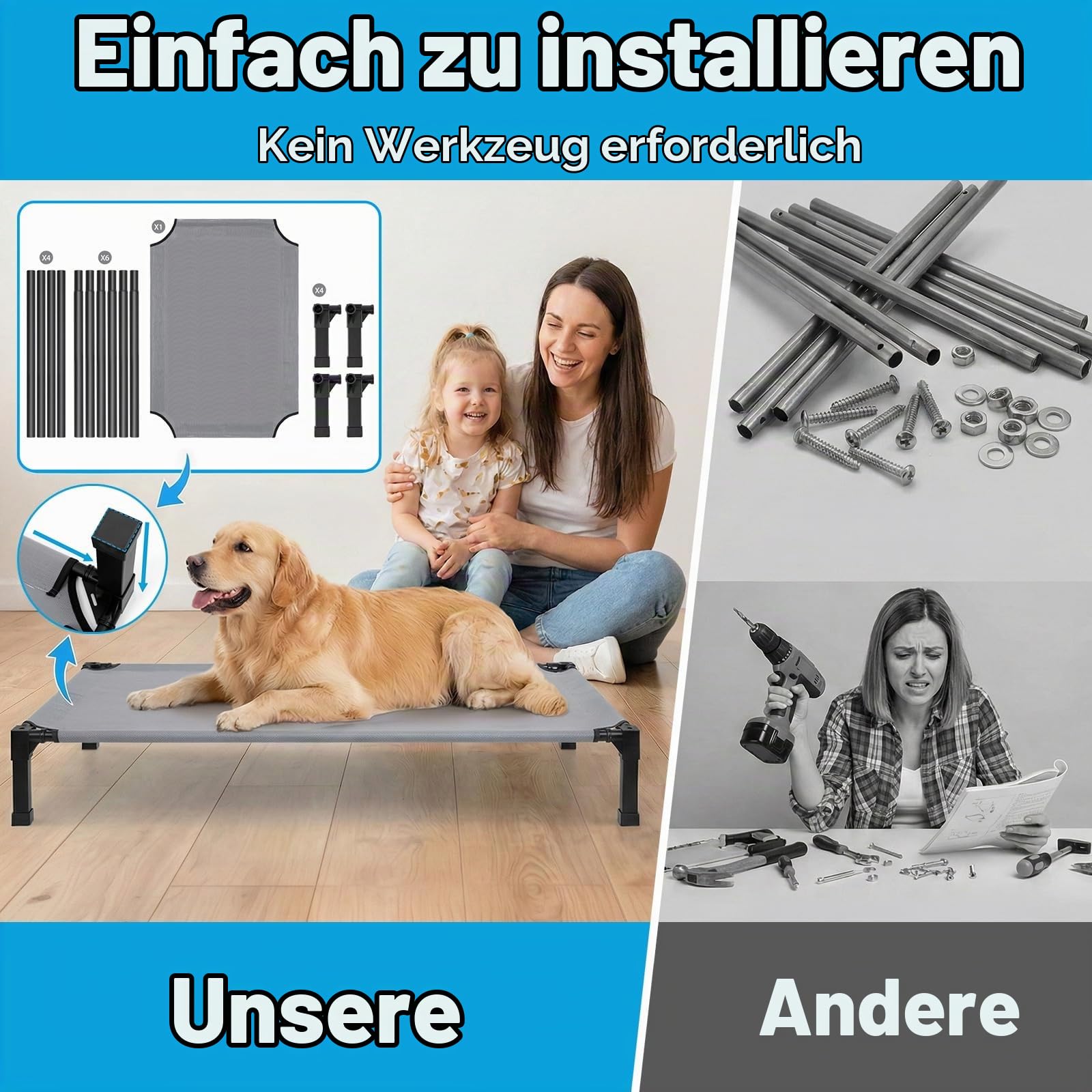 Niubya Hundeliege Outdoor Grosse Hunde - Hundeliege in und Outdoor Garten, Erhöhtes Hundebett für draußen Camping erhöhtes Hundebett, Größe für Hunde maximal 32 kg, 107x77×21 cm, höhe in 22cm