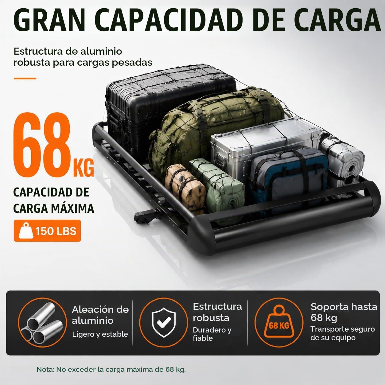 Portaequipajes de aluminio universal para techo 127x97cm, portaequipajes de doble piso con deflector de viento, portaequipajes en forma de canasta para SUV con capacidad de carga de 150kg