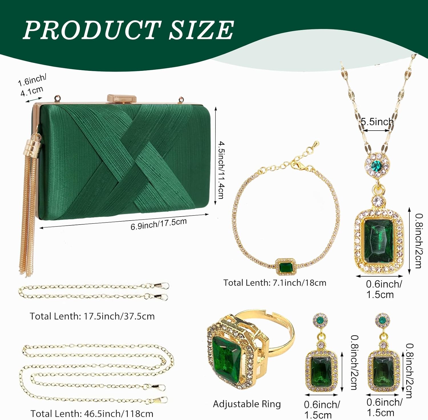 5 Pcs Clutch Purses for Women Jewelry Set Handbag with Necklace Earrings Ring Bracelet Vintage Banquet Handbag with Detachable Chain for Wedding Party Gift Supplies(Green) - Image 2