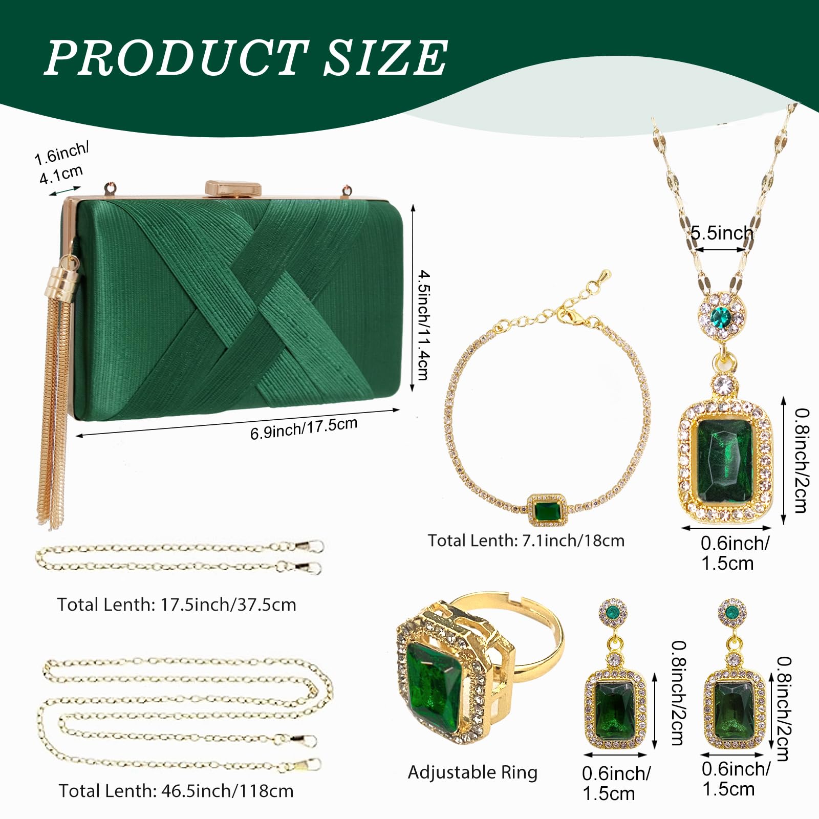 SENONAPO 5 Pcs Clutch Purses for Women Jewelry Set Handbag with Necklace Earrings Ring Bracelet Vintage Banquet Handbag with Detachable Chain for Wedding Party Gift Supplies(Green)